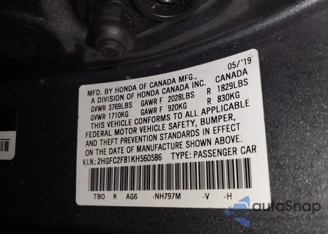 2019 Honda Civic Sport z USA, uszkodzony, nr VIN 2HGFC2F81KH560586